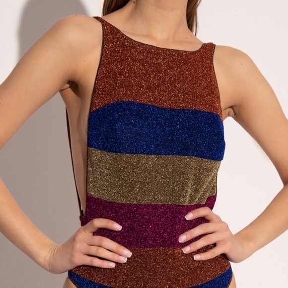 NWT $450 OSEREE One-Piece Lurex Swimsuit, Brown Striped Open Back, Size L - Picture 2 of 6